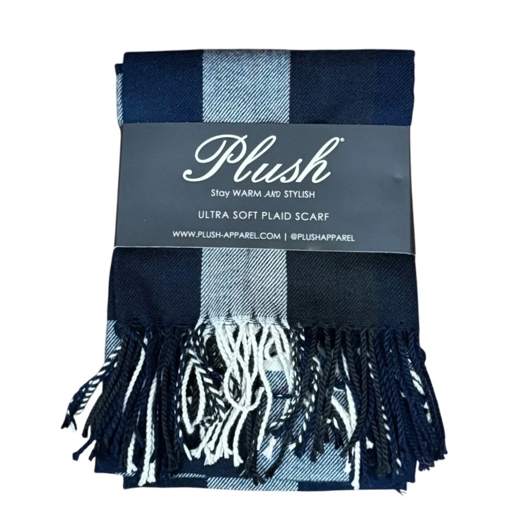 Plush Ultra Soft Plaid Scarf Navy Black White Buffalo Check Fringe PAP-FA-004
